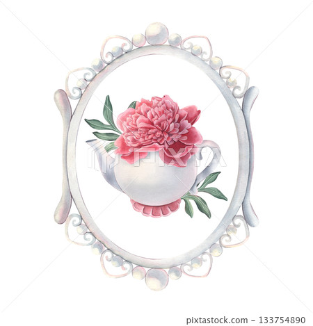 Vintage pearl frame, ceramic teapot, pink peony flower, leaves. Hand-painted watercolor illustration isolated on white for kitchen print, poster, invitation, branding, card, textile, home decor design 133754890