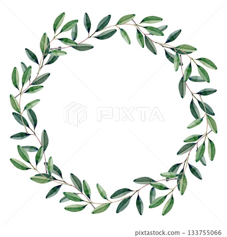 Watercolor illustration of an olive wreath symbolizing peace, unity, and tradition. Elegant botanical design suitable for invitations, logos, church materials, packaging, and decorative projects. 133755066