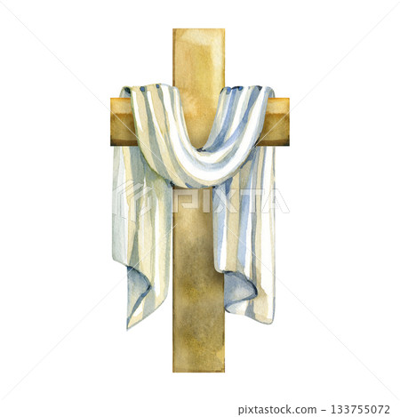 Watercolor illustration of a Christian cross with a draped cloth symbolizing faith, hope, and resurrection. Gentle colors and soft texture make it perfect for Easter designs, church materials, and 133755072