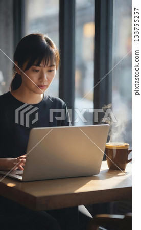 young woman working on laptop in a cafe 133755257