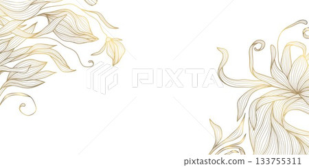 Luxury vector golden floral line art background featuring elegant flowers, delicate leaves, modern oriental style. Premium wedding invitations 133755311