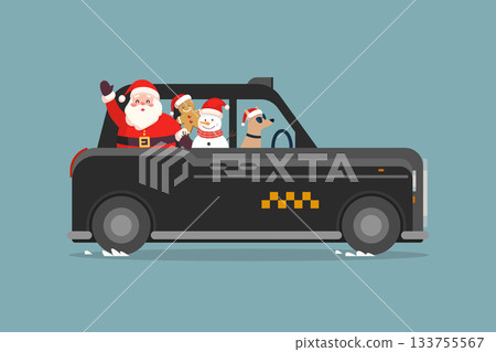 Christmas Cute Santa Claus and Snowman on British Taxi car. 133755567