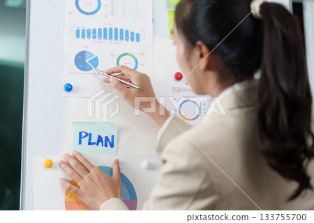 Working women planning strategies on whiteboard in office 133755700