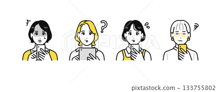 A simple icon set of middle-aged women who are troubled by digital devices such as smartphones and tablets 133755802