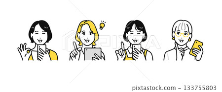 A simple icon set of middle-aged women who are happy to look at digital devices such as smartphones and tablets A simple icon set of middle-aged women who are happy to look at digital devices such as smartphones and tablets 133755803