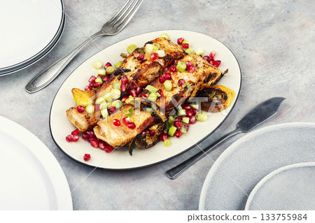 Appetizing fried fish steak. Appetizing fried fish steak. 133755984