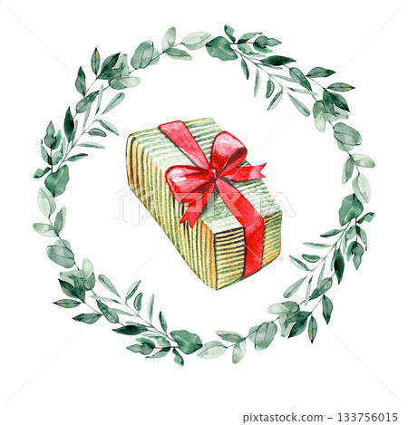 Watercolor gift box with a red ribbon placed inside a eucalyptus wreath. Festive illustration ideal for Christmas designs, greeting cards, packaging and holiday decor projects. Watercolor gift box with a red ribbon placed inside a eucalyptus wreath. Festive illustration ideal for Christmas designs, greeting cards, packaging and holiday decor projects. 133756015