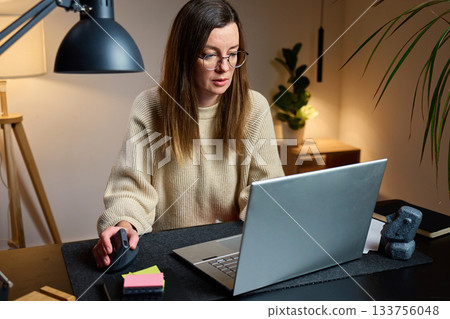 Woman working at desk with laptop in home office 133756048