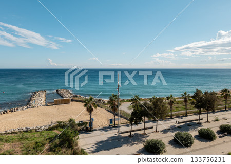 A scenic view of the beach in Barcelona, featuring a sandy shore, palm trees, and a calm blue sea under a clear sky. A scenic view of the beach in Barcelona, featuring a sandy shore, palm trees, and a calm blue sea under a clear sky. 133756231