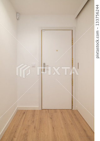 A modern hallway with a white wall and a closed door. The floor is made of light wood. The space is minimalistic and well-lit, creating a clean atmosphere. A modern hallway with a white wall and a closed door. The floor is made of light wood. The space is minimalistic and well-lit, creating a clean atmosphere. 133756244