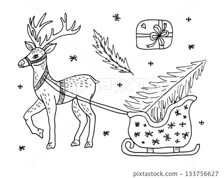 A deer pulling a sleigh with a Christmas tree and a gift. Concept for decorating a holiday card for the winter season. Christmas illustrations in the doodle style. Elements of holiday decoration. 133756627
