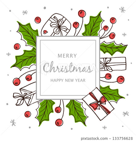 Christmas frame with holly berries, gifts, and snowflakes. Holiday card design with traditional winter elements for celebration. New Year background with space for text. Square template for greetings Christmas frame with holly berries, gifts, and snowflakes. Holiday card design with traditional winter elements for celebration. New Year background with space for text. Square template for greetings 133756628