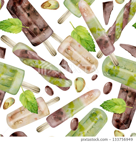 Chocolate, vanilla and pistachio popsicles. Mint leaves, nuts and candy dragee. Isolated seamless pattern illustration hand drawn in watercolor. Ice cream scrapbooking, snack menu, foodie background 133756949