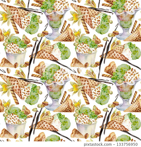 Pistachio gelato in paper cup, sundae glass bowl or waffle cone with vanilla flower seeds, crushed nuts topping. Isolated seamless pattern hand drawn in watercolor. Eco treat label, recipe design. Pistachio gelato in paper cup, sundae glass bowl or waffle cone with vanilla flower seeds, crushed nuts topping. Isolated seamless pattern hand drawn in watercolor. Eco treat label, recipe design. 133756950