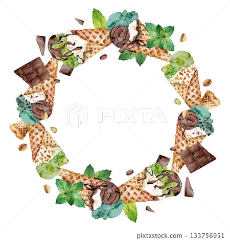 Gelato scoops with mint leaves, pistachio nuts, chocolate flecks in waffle cone. Isolated wreath frame illustration hand drawn in watercolor. Frozen dessert menu, planner sticker, party invitation. Gelato scoops with mint leaves, pistachio nuts, chocolate flecks in waffle cone. Isolated wreath frame illustration hand drawn in watercolor. Frozen dessert menu, planner sticker, party invitation. 133756951
