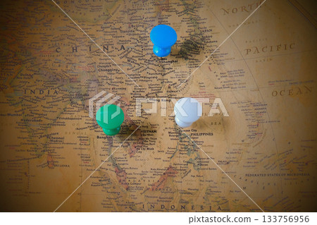 The color pins on old map,point on location. The color pins on old map,point on location. 133756956