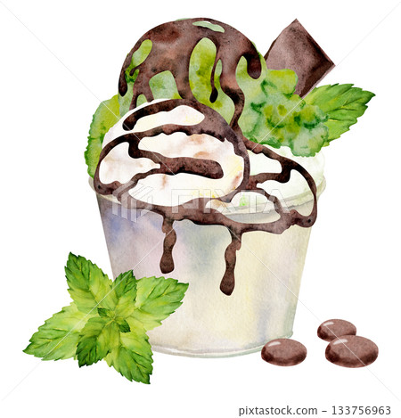 Creamy pistachio gelato in cup with mint leaves, chocolate candy beans, melted syrup drizzle. Isolated illustration hand drawn in watercolor. Sweet snack icon, artisan treat branding, DIY stationery. Creamy pistachio gelato in cup with mint leaves, chocolate candy beans, melted syrup drizzle. Isolated illustration hand drawn in watercolor. Sweet snack icon, artisan treat branding, DIY stationery. 133756963