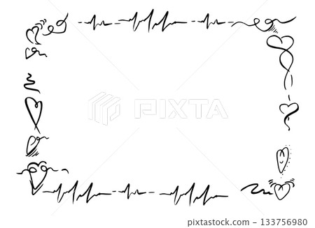 Heart flirty doodles and ECG heartbeat cardiogram lines wrapping rectangular border. Hand drawn vector frame in pen and ink. Romantic design layout, anniversary printable template, Valentine artwork. 133756980