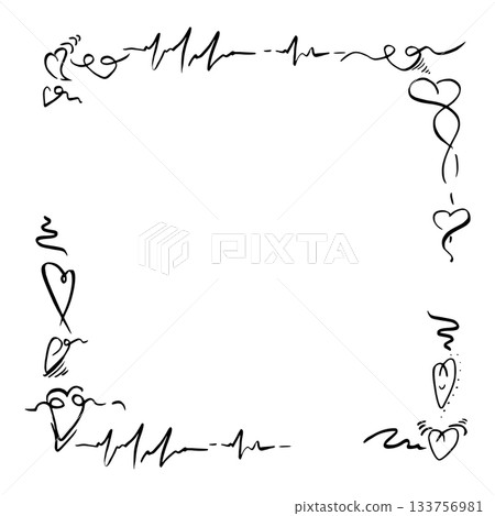 Stylized heart icons and heartbeat pulse ECG line rhythm wrapping square edge with copy space. Vector hand drawn frame, ink and pen. Romantic wedding menu poster, cute love border, digital template. 133756981