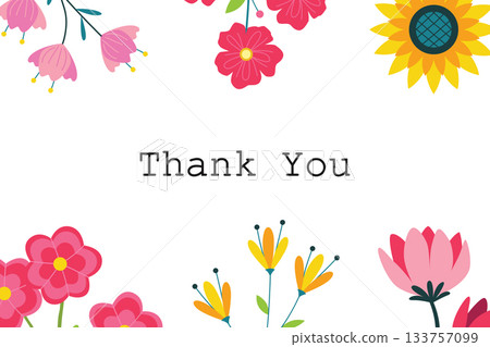 Floral Thank You Card with Cartoon Style Flowers and Gratitude Message 133757099