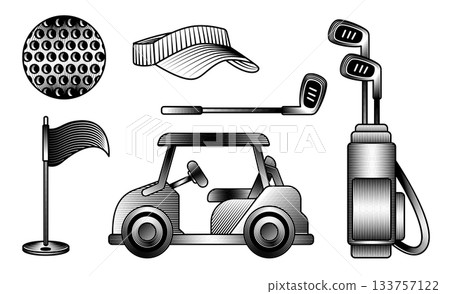 Golf sport equipment hand drawn vector illustration set ball clubs in bag cart flag visor cap vintage engraving style black isolated club logo or tournament 133757122