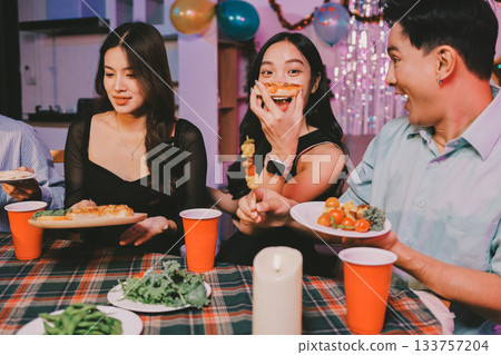 Diversity, dinner and group of people toast celebration together at party. Friends, happy and celebrate with food, wine and friendship for love, support and cheers champagne at business function Diversity, dinner and group of people toast celebration together at party. Friends, happy and celebrate with food, wine and friendship for love, support and cheers champagne at business function 133757204