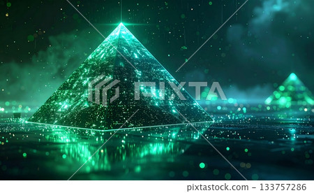 Abstract space background with a glowing blue geometric pyramid triangle design 133757286