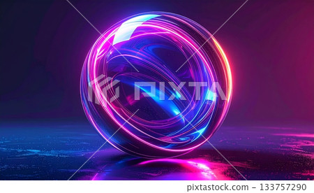Futuristic fractal art wallpaper featuring a purple and pink glowing sphere and abstract neon energy circles on a black technology space backdrop 133757290