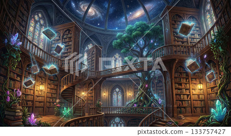 Game background: A fantastical library scene with flying magical books 133757427
