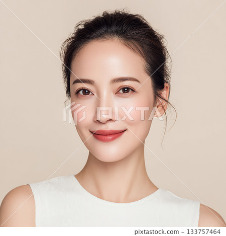 A clean-cut woman in a white outfit against a white background 133757464