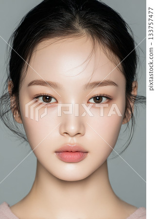 一位年輕女性的正面照，她的皮膚光滑無瑕 133757477