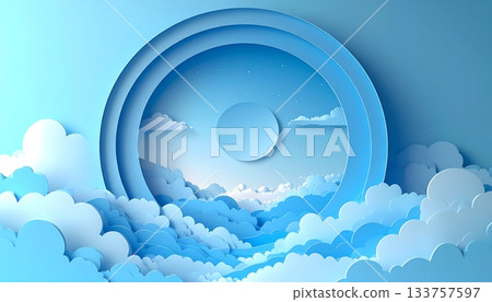 Blue sky with white clouds surrounds the globe in a bright, sunny atmosphere of nature 133757597