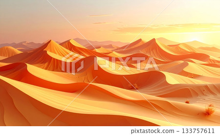 Morocco's Sahara Desert landscape glows at sunset with orange light reflecting off the dry sand dunes 133757611