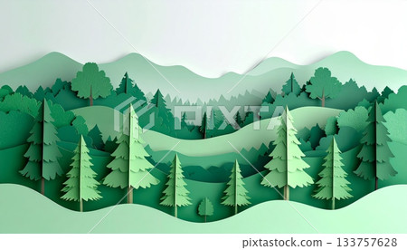 Vector illustration of a cold winter forest landscape with snow, pine trees, and distant mountains under a frosty sky, perfect for a Christmas holiday scene 133757628