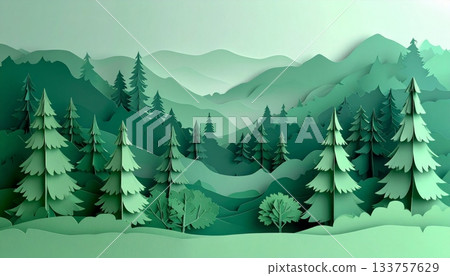 Vector illustration of a cold winter forest landscape with snow, pine trees, and distant mountains under a frosty sky, perfect for a Christmas holiday scene Vector illustration of a cold winter forest landscape with snow, pine trees, and distant mountains under a frosty sky, perfect for a Christmas holiday scene 133757629