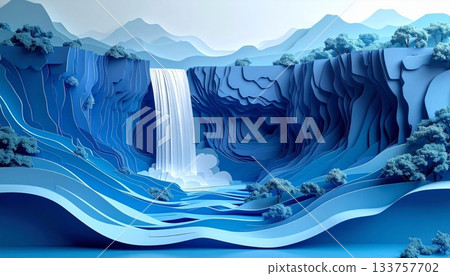 Abstract blue background featuring cold arctic water waves and a frozen, white glacier landscape under a cloudy sky Abstract blue background featuring cold arctic water waves and a frozen, white glacier landscape under a cloudy sky 133757702