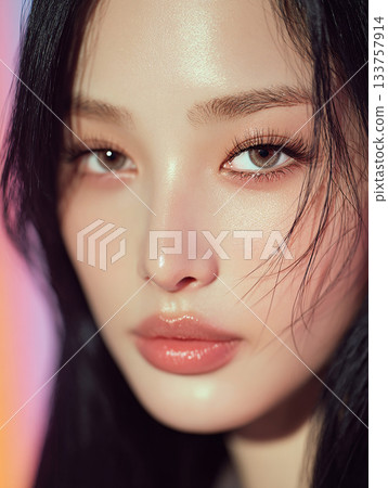 粉紅色背景下，眼睛和嘴唇格外引人注目。 133757914