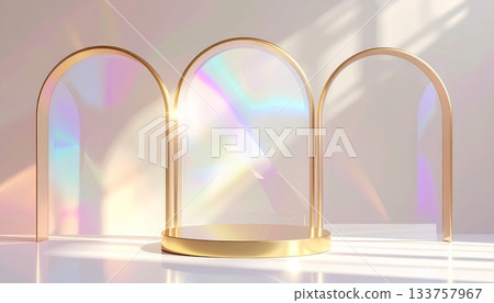 Ancient European architecture: arches in the light, forming an empty stone corridor with a wall and window design 133757967