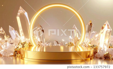 Golden Christmas lights illuminate the festive celebration with glasses of wine and candles on a gold-decorated bar table 133757972