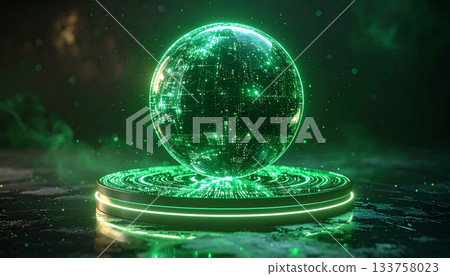 Abstract digital earth network: glowing blue globe and world map surrounded by stars and technology in black space 133758023