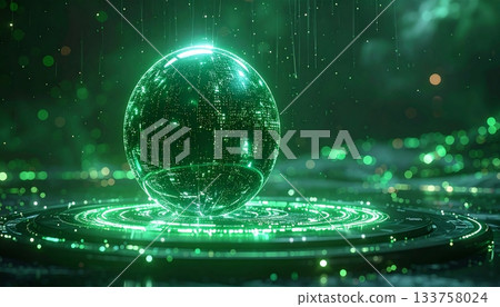 Abstract digital earth network: glowing blue globe and world map surrounded by stars and technology in black space 133758024