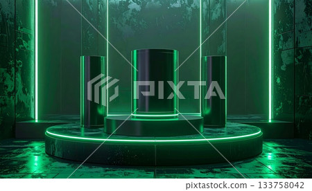 A 3D render of a glowing green symbol glittering on the night sky, reflected in an isolated glass container of transparent liquid A 3D render of a glowing green symbol glittering on the night sky, reflected in an isolated glass container of transparent liquid 133758042