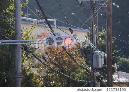 秋天城市景觀,樹葉變紅,紅燈閃爍。 秋天城市景觀,樹葉變紅,紅燈閃爍。 133758193
