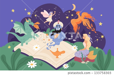 Fairy tale reading book. Various mythical and fabulous characters, magic creatures, dragon, cute phoenix, mermaid and gin, mythology story, cartoon flat isolated garish vector concept 133758303