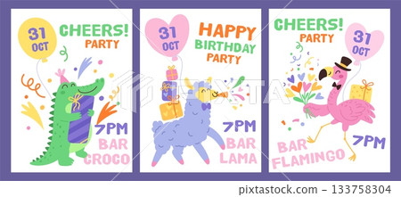 Festive animals party cards. Funny crocodile, llama and flamingos with gifts, bouquets and firecrackers, kids birthday posters and invitations design, garish vector cartoon isolated set Festive animals party cards. Funny crocodile, llama and flamingos with gifts, bouquets and firecrackers, kids birthday posters and invitations design, garish vector cartoon isolated set 133758304