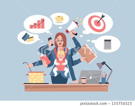 Multitasking female character. Businesswoman combines work, daily tasks and motherhood, active manager woman with many hands. Busy parent working cartoon flat isolated tidy vector concept 133758323