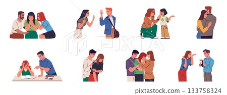 People comfort crying. Characters in tears, different strong emotions, anger, sadness, stress, joy, friends reassure, empathic men and women cartoon flat isolated nowaday vector set 133758324