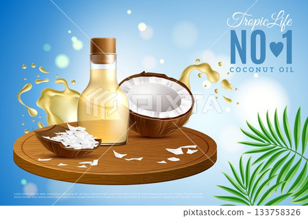 Realistic coconut oil poster. Bottle with yellow liquid, water in motion, nut pieces and splashes, marketing promotional banner 3d isolated elements. Cooking ingredient. Vector concept Realistic coconut oil poster. Bottle with yellow liquid, water in motion, nut pieces and splashes, marketing promotional banner 3d isolated elements. Cooking ingredient. Vector concept 133758326