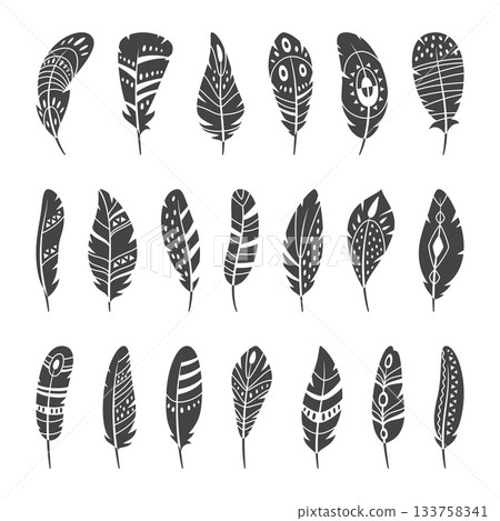 Tribal feathers silhouettes. Black decorative icons, ethnic ornaments, patterned bird plumage element, quills rustic boho design, tattoo design, writing pen classy vector isolated set Tribal feathers silhouettes. Black decorative icons, ethnic ornaments, patterned bird plumage element, quills rustic boho design, tattoo design, writing pen classy vector isolated set 133758341