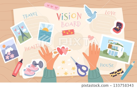 Vision board with hands. Strategic collage with dreams and goals, pictures visualizations, future planning process, travel, health, love and house cartoon isolated garish vector concept Vision board with hands. Strategic collage with dreams and goals, pictures visualizations, future planning process, travel, health, love and house cartoon isolated garish vector concept 133758343